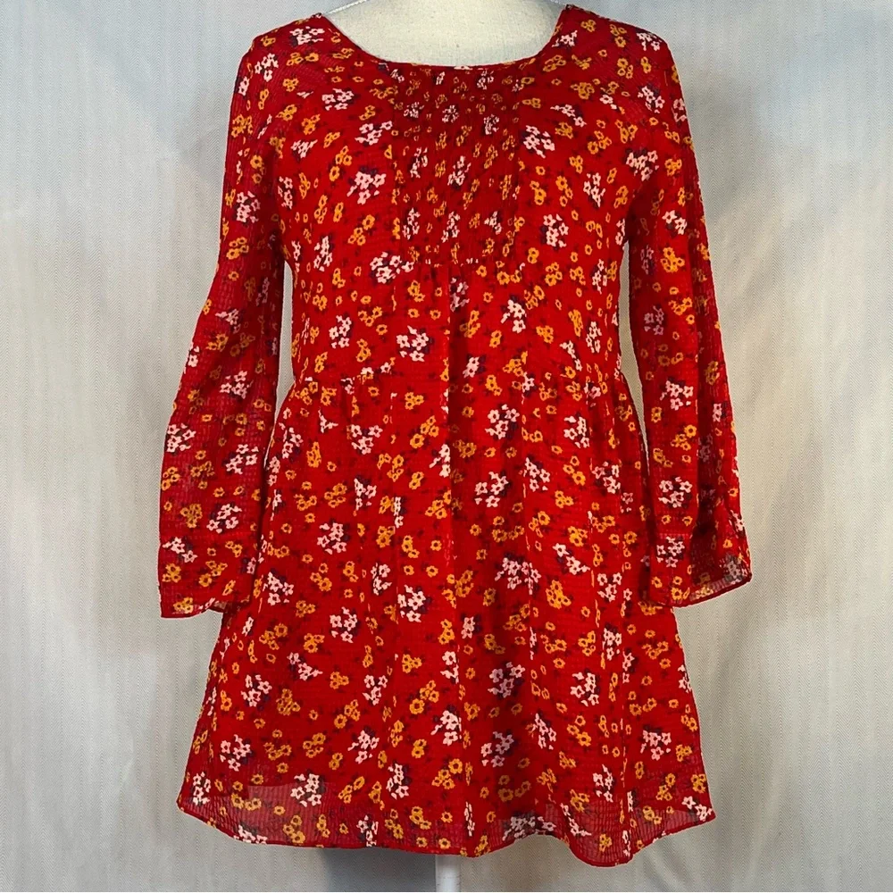 Free People Mini Dress Babydoll Red Floral Seersucker Chiffon Smocked Bodice 4 👍